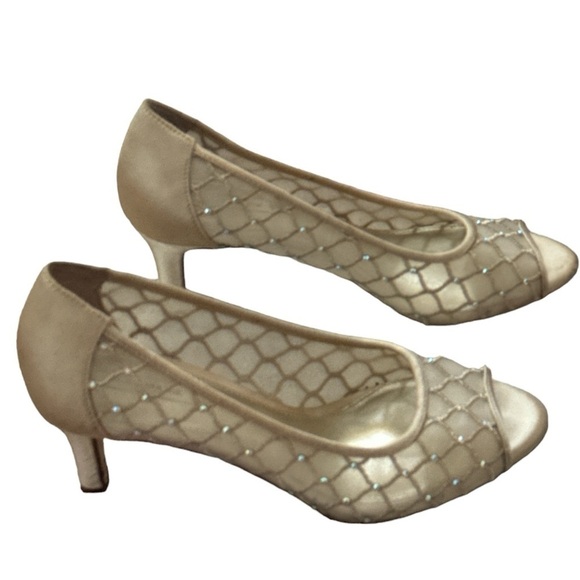 Alex Marie gold beaded leather sole peek toe satin party shoes Sz 6 M - Picture 5 of 8